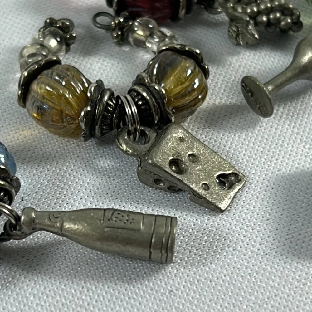 Lot 5 Multicolored Beaded Wine Charms Silver Tone Cheese Wedge Grapes Bottle